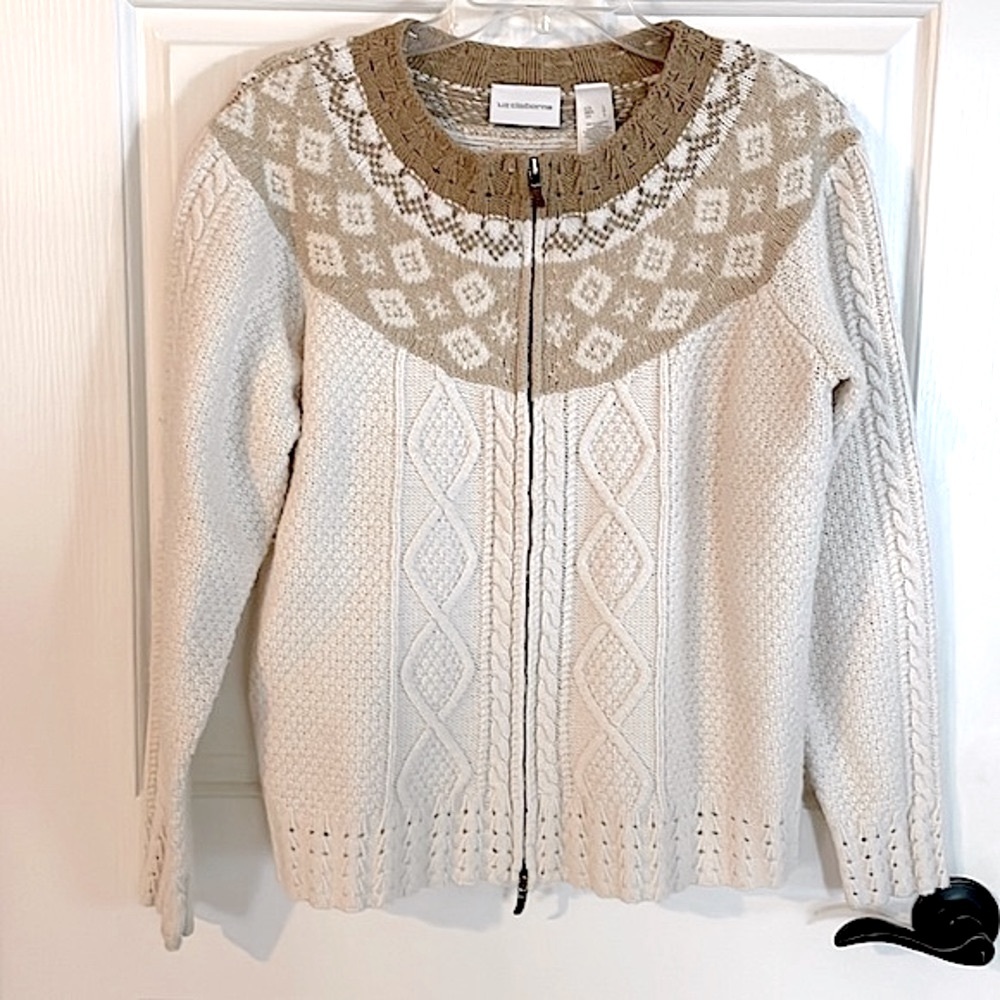 ⛄️LIZ CLAIBORNE VTG CABLE KNIT CARDIGAN CREAM 44% WOOL 55% ACRYLIC EUC